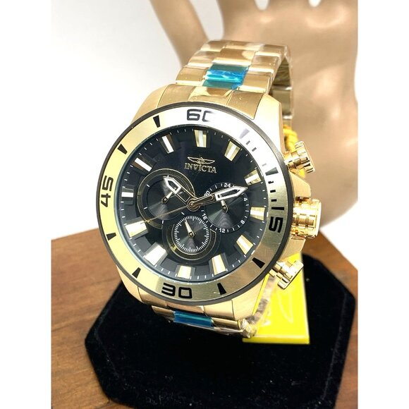 Invicta Mens Watch 22590 Pro Diver Chronograph Gold Tone Steel 48.5mm Black Dial - Picture 1 of 14
